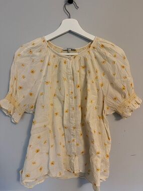 Madewell Cream Blouse with Yellow Floral Embroidery